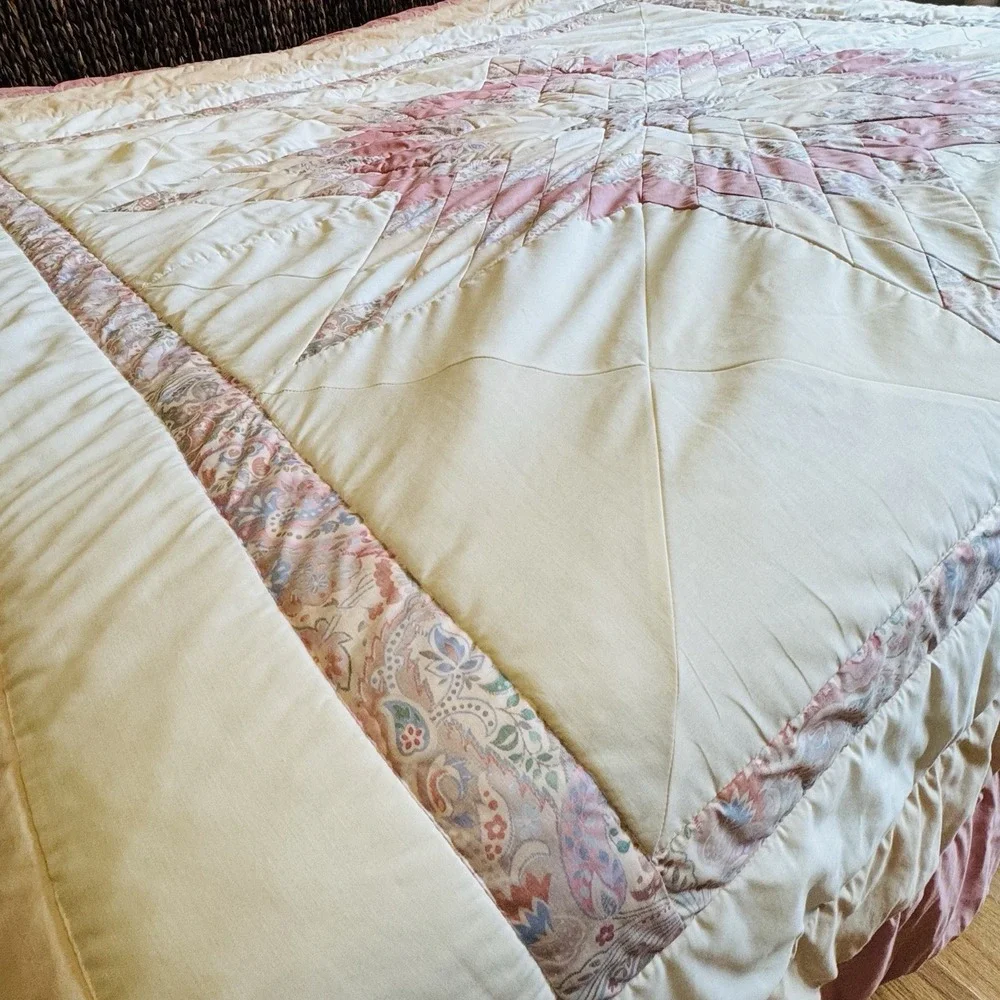 Handmade Vintage Pink White Star‎ Quilt Blanket Thick 110x96